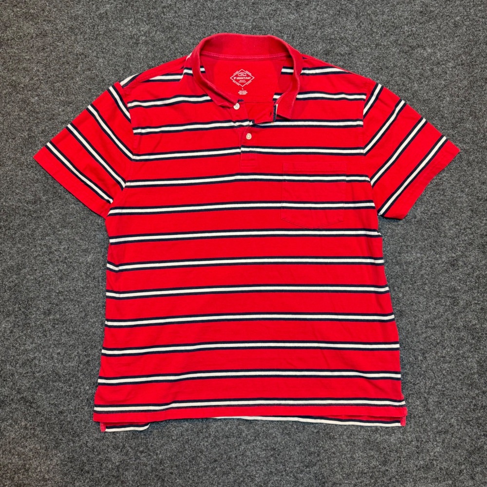 St Johns Bay Mens Large Red Striped Short Sleeve Cotton Polo Shirt Pocket